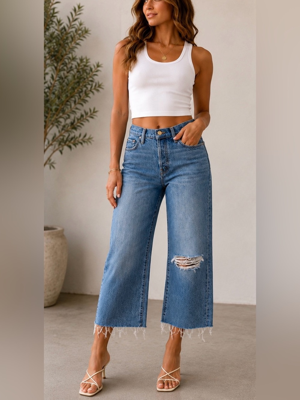 MOTHER SNACKS The Half Eaten Fray Wash Light Blue High-Rise Wide Leg Crop Jeans